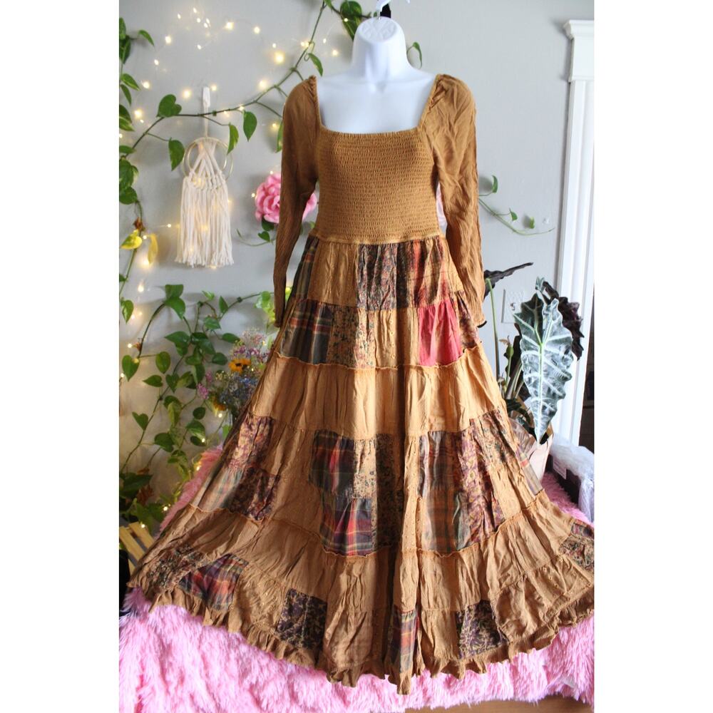 Young Threads Camel Patchwork Smocked Tiered Maxi Dress Size S NWT Boho - Picture 9 of 11